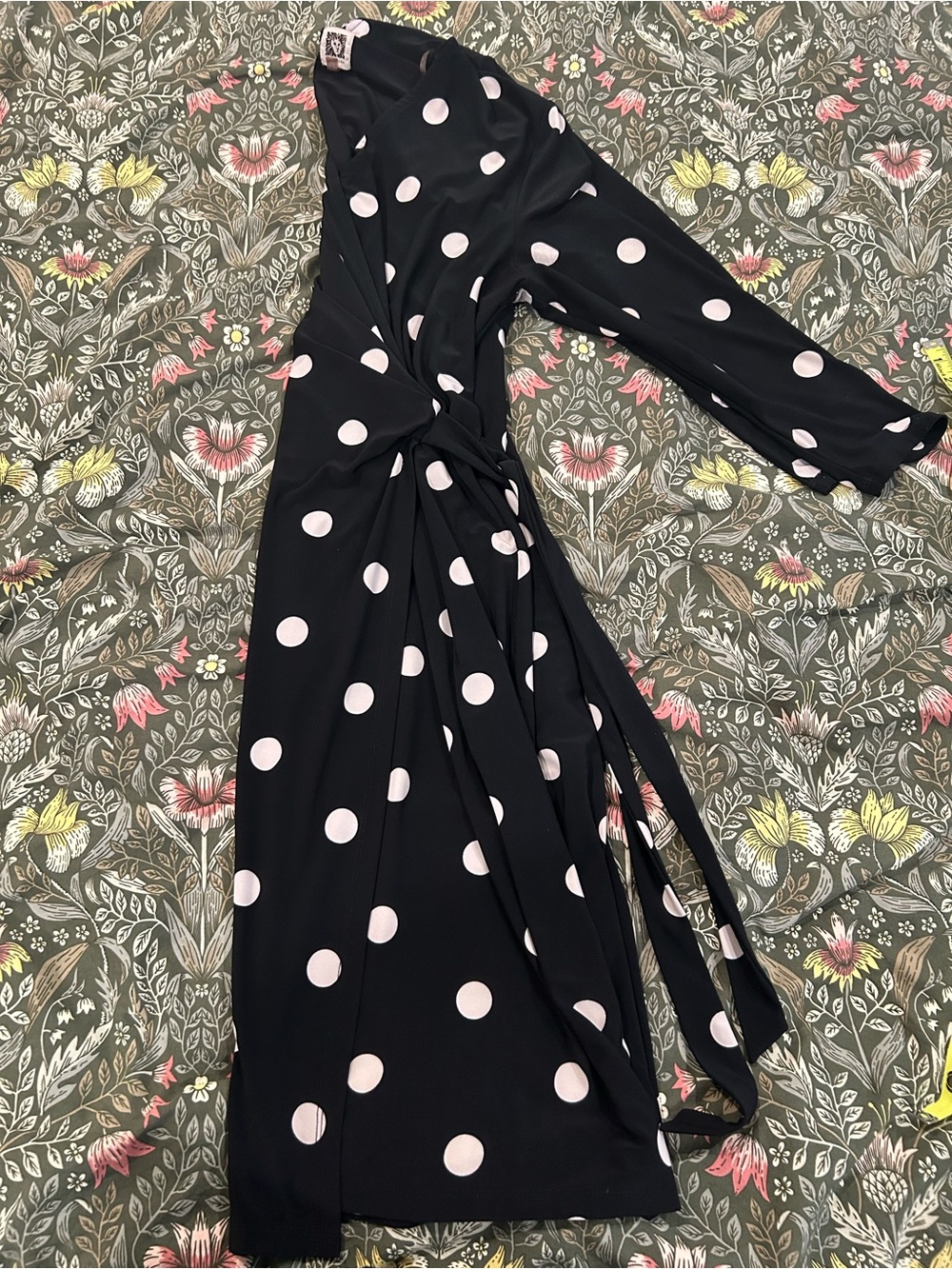 Anne Klein Black Wrap Midi Dress with Pink Polka Dots - Picture 6 of 7